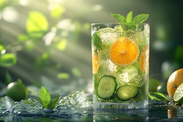 Fototapeta premium Refreshing cucumber and citrus infused water with ice cubes and mint leaves, sitting against a blurred, rich green background, evoking freshness and health.