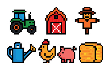Naklejka premium Farm and agriculture pixel art icons set – ranch, crops, barnyard symbols