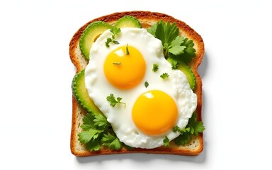 Top view healthy avocado toasts breakfast lunch avocado toast fried eggs white background. High quality