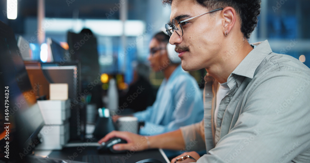 Aufkleber Office, businessman and reading with computer for coding, web development and scroll on website. Coworking, night and male programmer with technology for programming, software update and information