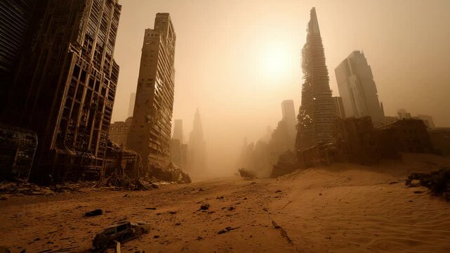 A desolate and haunting urban landscape captured during a dust storm