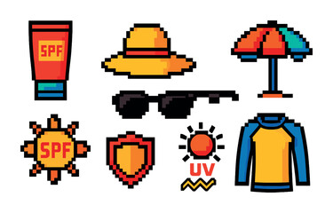 Summer essentials pixel art icons set – uv protection, sunscreen, beachwear graphics