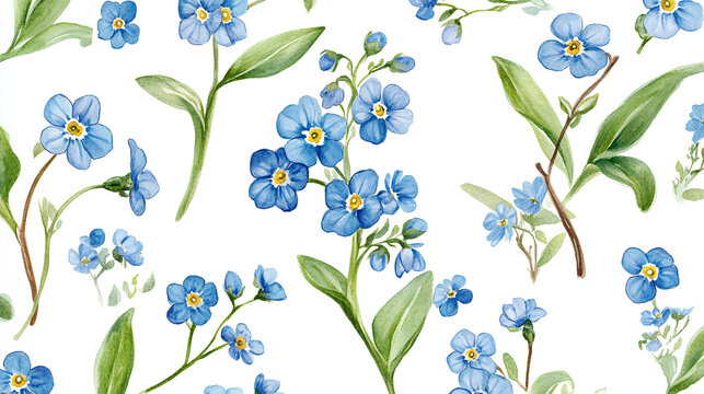 Spring delicate blue forget-me-not flowers. Botanical watercolor seamless pattern on white background, perfect for eco branding, packaging, cards, wedding designs, botanical prints and wallpapers. 