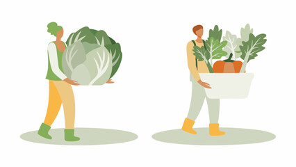 Two people carrying harvested vegetables, one with cabbage and one with basket full of produce, in flat style