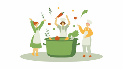 Three chefs joyfully prepare a large pot of vegetables with enthusiasm and celebratory gestures in kitchen