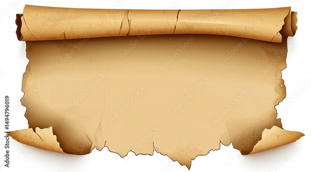 Fototapete unrolled aged parchment scroll with torn edges, ideal for text or design