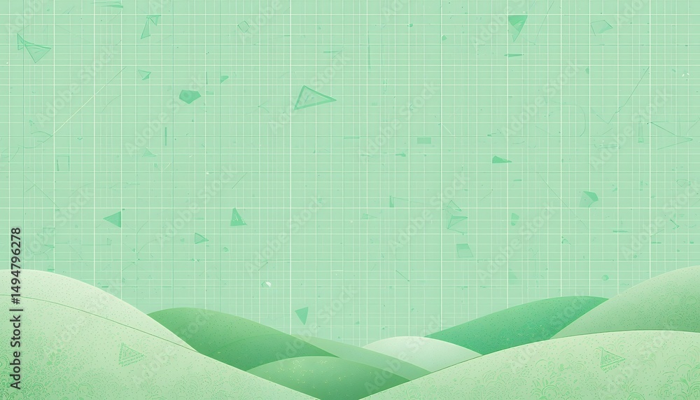 Poster abstract green landscape with rolling hills and geometric shapes in a minimal style