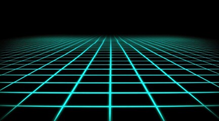 Cyan grid receding to a dark horizon, creating a retro futuristic feel