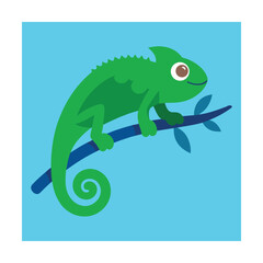 Fototapeta premium Adorable green chameleon cartoon resting on a branch in bright vibrant colors