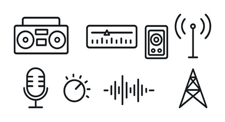Audio and music line icons set – outline, sound, broadcast and radio symbols