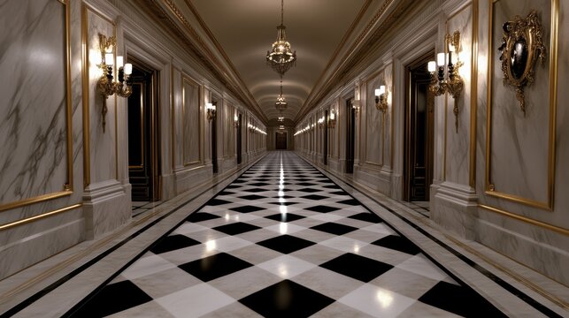 Royal Passage: Captivating symmetry and opulent detail in a palatial hallway. Marvel at the grand architectural design. A visually stunning display.