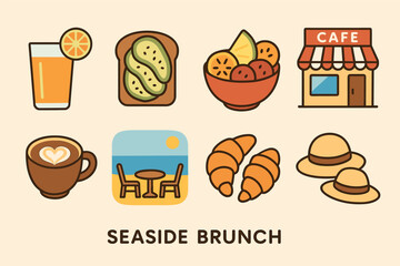 Seaside brunch filled icons set – flat, food, breakfast symbols