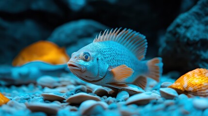 Aquatic Serenity: A single, captivating fish gracefully navigates the depths of its underwater realm, surrounded by subtle rock formations and hints of marine life. 