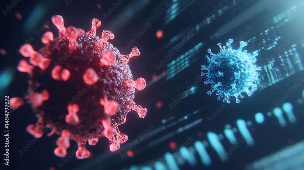 Poster close-up view of colorful virus particles against dark background with scientific data representatio
