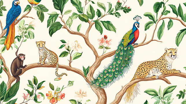 Tropical mughal forest garden with cheetah, monkey, peacock, parrot, bird seamless pattern illustration for wallpaper.