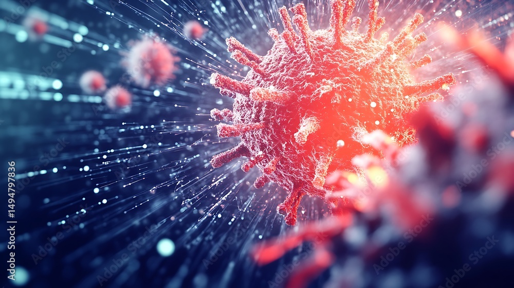 Poster abstract representation of virus particles undergoing mutation in a colorful microscopic environment
