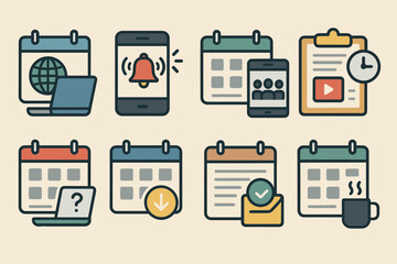 Calendar and planner icons set – flat, outline, scheduling and organization tools