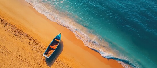 Boat on Sandy Beach at Ocean Shoreline Aerial View