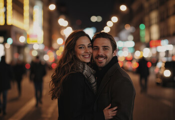 Happy couple smiling together on a bustling city street at night