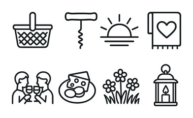 Picnic and leisure line icons set – outline, flat, outdoor and relaxation symbols