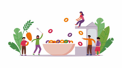 Illustration of people interacting with a large bowl of cereal with plants and a building present