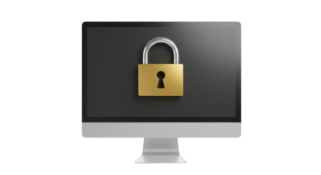 Isolated Computer Monitor Displaying Golden Padlock for Cybersecurity Protection
