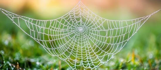 Spiderweb Covered in Dew Hanging in Nature Background