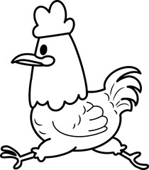 A playful chicken character drawn in simple black and white line art. Ideal for farm scenes, children's coloring pages, and educational worksheets.