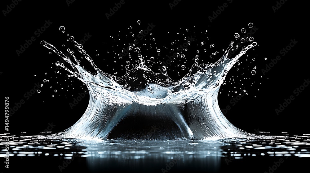 Poster stunning water splash with droplets on black background creating an artistic and dynamic visual expe