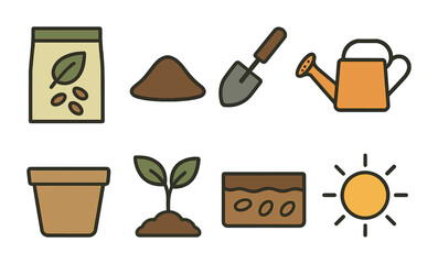 Gardening flat icons set – planting, growth, tools and nature symbols