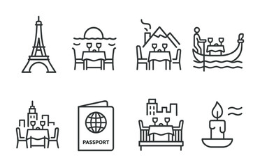 Travel and tourism line icons set – flat, outline, vacation and journey symbols