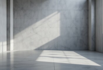 Minimalist empty concrete room with light and shadow patterns on the floor and walls