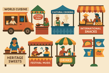 World cuisine flat icons set – ethnic, international, cultural food symbols