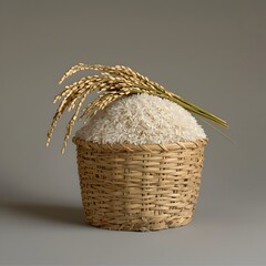 Photo of a Pile of White Rice with Harvested Rice Stalks in a Traditional Woven Basket