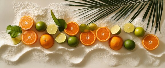Tropical citrus fruit arrangement with oranges, limes, and palm leaf on sugar background
