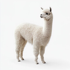 Fototapeta premium Fluffy white alpaca standing against white background