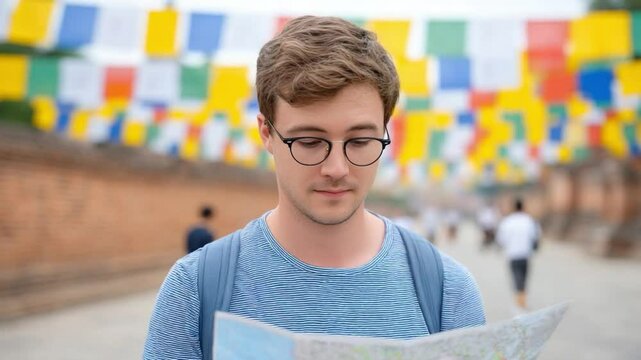 Navigating New Horizons: A young, bespectacled explorer intently studies a map, charting his course amidst a vibrant backdrop of prayer flags and ancient architecture.