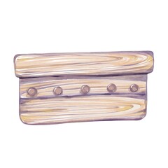 Watercolor rustic wooden shelf with pegs for hanging. Handcrafted wall decor made of natural wood. Ideal for cozy interiors, country homes, vintage storage, and farmhouse-style illustrations