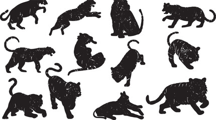 Vivid Feline Silhouettes: Black Cat Outlines, Leaping Tiger, Walking Leopard, and Playful Kitten Vector Art Collection