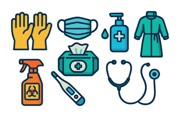 Healthcare and safety flat icons set – medical, sanitation, protective equipment graphics