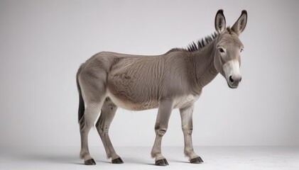 Obraz premium A lone grey donkey stands against a stark white backdrop , side view, grey, white background