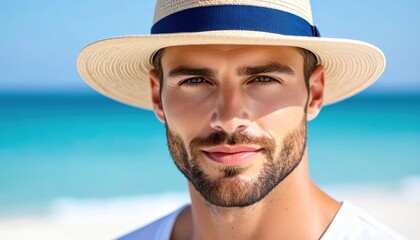 Beach bliss, man in straw hat enjoys sunny seaside relaxation