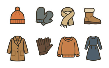 Winter clothing icons set – outline, warm apparel, seasonal wear symbols