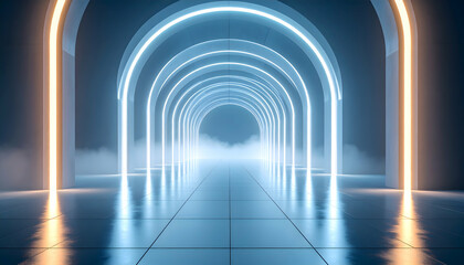 Obraz premium Abstract Neon Archway Tunnel with Blue and Orange Lights