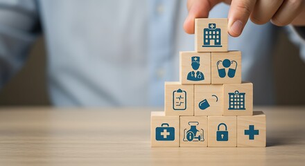 Healthcare System: A Structured Wooden Block Pyramid Depicting Medical Services
