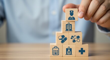 Healthcare System: Wooden Blocks Illustrating Medical Services