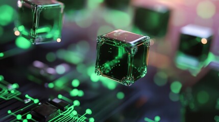 Digital green matrix style background with floating abstract cubes and circuits