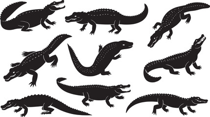 Crocodilian Reptile Silhouette Art: Black and White Vector Illustration of Prehistoric Swimming Predator