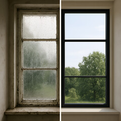 Window before and after, on the left an old window ruined and dirty, on the right a new and modern window