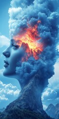 Woman s ethereal profile with smoke and fire, a surreal portrait blending nature and humanity.